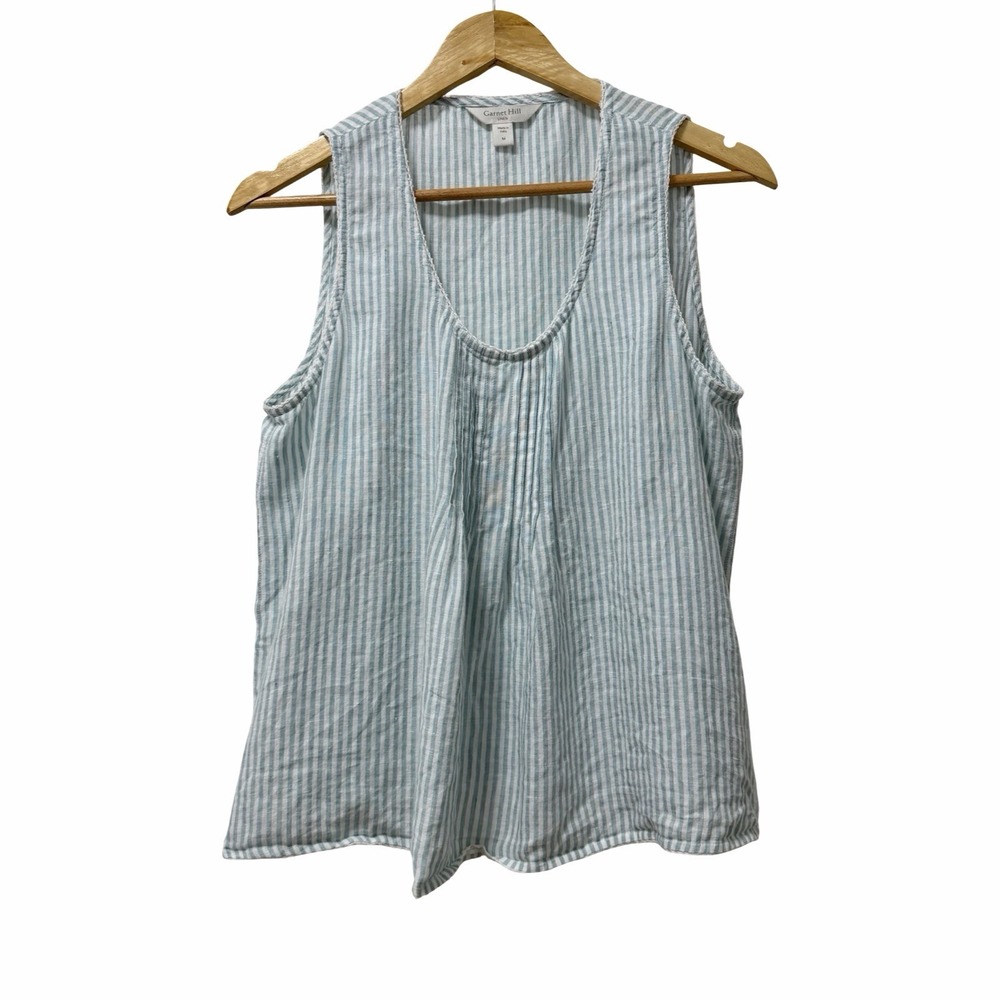 Garnet Hill 100% Linen Pintuck Sleeveless Tank Top Size M Blue Coastal Beachy